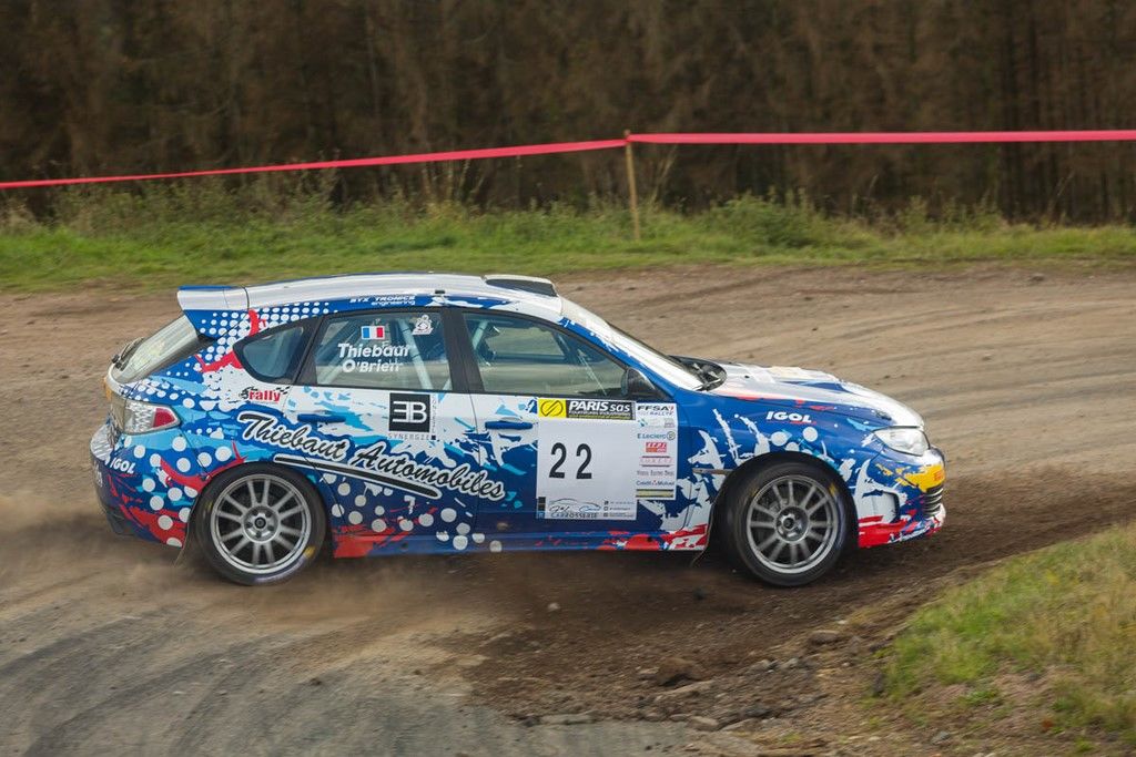 Subaru Impreza Sti n°22 multicolor de l'équipage Thiebaut & O'Brien au rallye de la Luronne 2020