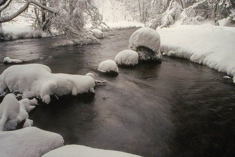 ruisseau en hiver bordé de neige