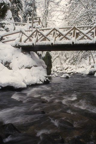 Pont de bois recouvert de neige