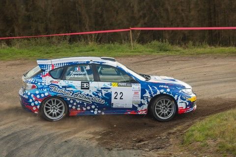 Subaru Impreza Sti n°22 multicolor de l'équipage Thiebaut & O'Brien au rallye de la Luronne 2020