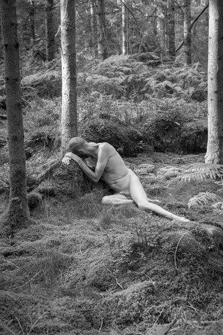 Homme nu appuyé conre les racines d'un arbre